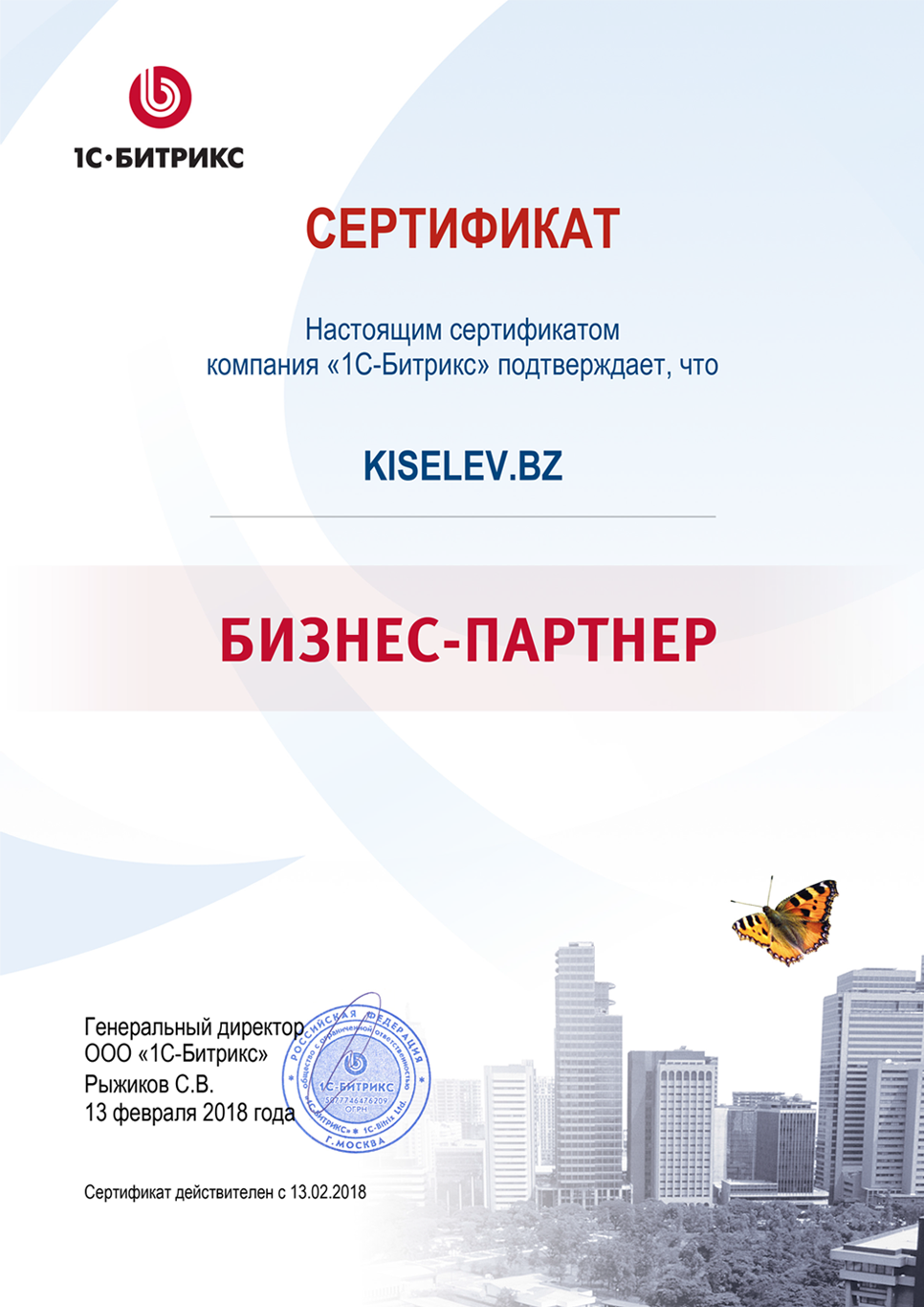Сертификат партнёра по СРМ системам в Тавде